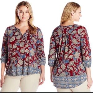 Lucky Brand V-Neck Peasant Blouse Shirt Top Floral boho print 3/4 Sleeve Large